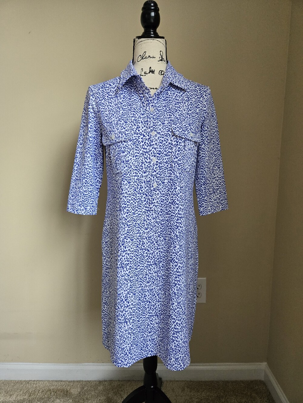 Persifor Dress Womens M Blue Ceetah Print 3/4 Sleeve Casual Comfort